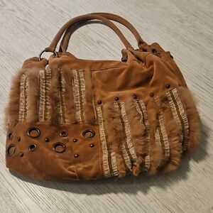 Faux Fur Suede Brown Ho Bo Clean Shoulder Bag with Metal Textured Design